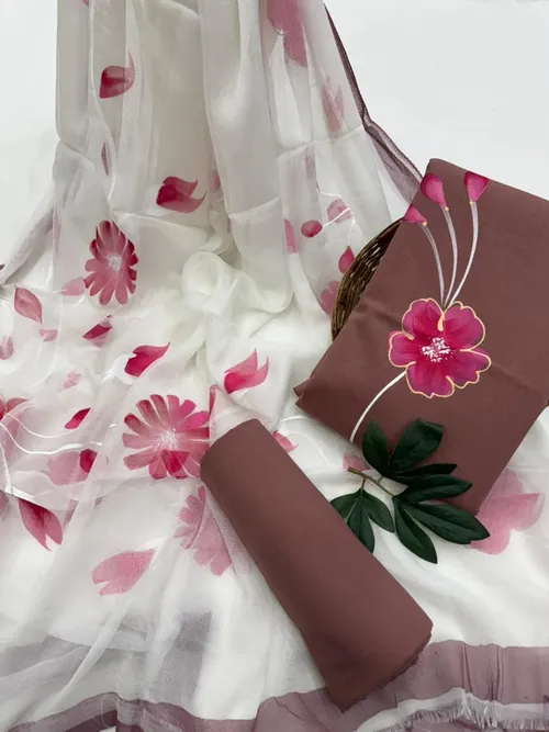 Hand-Painted Cotton Suit Set with Flowing Chiffon Dupatta